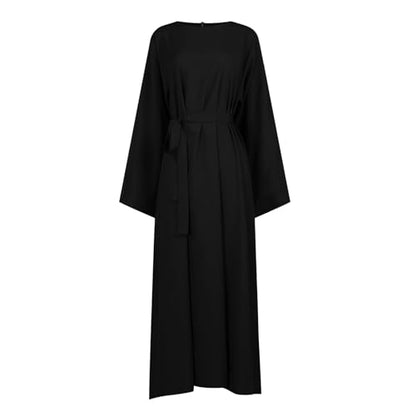 Crewneck Muslim Dresses for Women Long Prayer Dress with Belt 2026 Flowy Long Sleeve Maxi Dress Wedding Party - color: Black, size: Medium