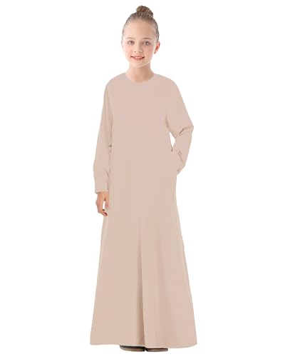 WSPLYSPJY Solid Color Muslim Dress for Girls Kids Abaya Zipper Islamic Prayer Clothes with Pockets - color: Light Khaki, size: 5-6 Years