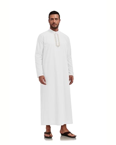Jacansi Men's 65% Cotton 35% Linen Kaftan Robe, Henley Button Down Thobe, Long Sleeve Casual Gown with Pockets - color: White, size: Medium