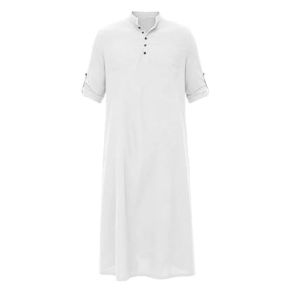 Men's Linen Kaftan Robe Button Down Long Sleeve Henley Collar Cotton Thobe Casual Loose Fit Stylish Gown Shirts - color: White, size: Large