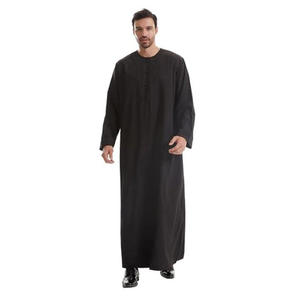 IWEMEK Men Muslim Thobe Long Sleeve Kaftan Robe with Pockets Saudi Arabic Thobe Ramadan Middle East Dubai Islamic Abaya Dress - color: Black, size: Small