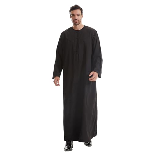 IWEMEK Men Muslim Thobe Long Sleeve Kaftan Robe with Pockets Saudi Arabic Thobe Ramadan Middle East Dubai Islamic Abaya Dress - color: Black, size: Medium