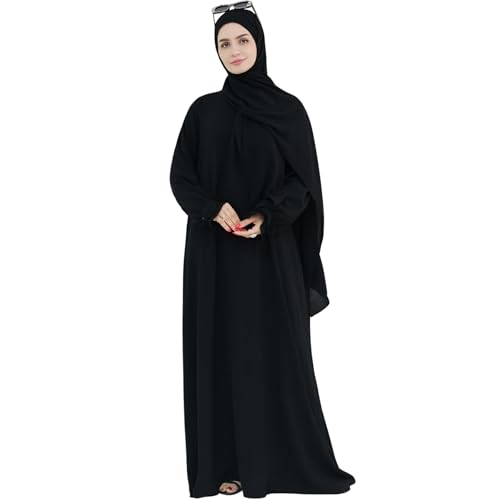 Women Muslim Dress Middle East Arabian Robe Islamic Modest Dress with Hijab Scarf Lace Sleeve Flowy Abaya Dress - color: Black