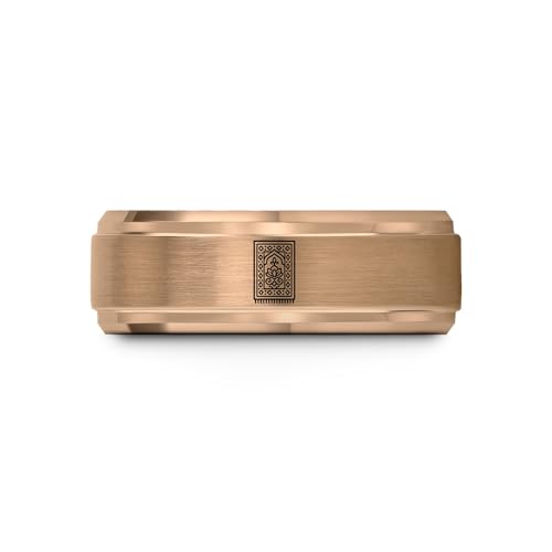 Gift for Muslim Devotee - Prayer Rug Pattern Ring - Black Yellow Rose Gold - Band - Anniversary Wedding - Personalized Custom Engraving - Flat Dome Bevel - 8mm - Men Women - Tungsten Carbide - color: 09 - Rose Gold Tungsten