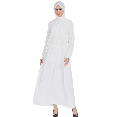 Women Muslim Casual Dress Islamic Maxi Robe Chest Zipper Abaya 1PC Soft Muslim Abaya Eid Kaftan Robe Classic Dress - color: Whitea, size: X-Large