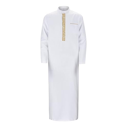 Thobe for Men Muslim Islamic Robe Kaftan Arabic Long Sleeve Jubba Dubai Style Cotton Dress with Pockets A2 - size: Large