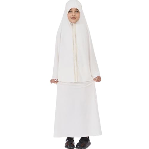 Lenmipot Kids Jilbab 2pcs Abaya Girls Muslim Prayer Dress Kids Eid Full Cover Abaya Dress Set Islamic Prayer Jilbab for Girl - color: Whitea, size: 9-10 Years