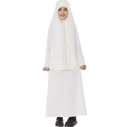 Lenmipot Kids Jilbab 2pcs Abaya Girls Muslim Prayer Dress Kids Eid Full Cover Abaya Dress Set Islamic Prayer Jilbab for Girl - color: Whitea, size: 9-10 Years