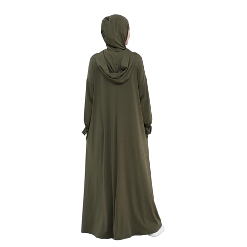 Muslim Hoodie Abaya Islamic Prayer Jilbab Maxi Robe with Inner Cap | Two-layer Cap, Prayer Abaya, Large Style - color: Army Green