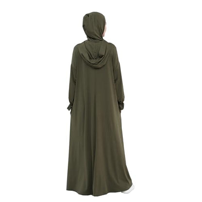 Muslim Hoodie Abaya Islamic Prayer Jilbab Maxi Robe with Inner Cap | Two-layer Cap, Prayer Abaya, Large Style - color: Army Green