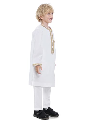 Boy's Muslim Clothing Kaftan Set - Middle East Youth Embroidered Robe Suit Round Neck Islamic Dress Arabic Wear - color: White, size: 19