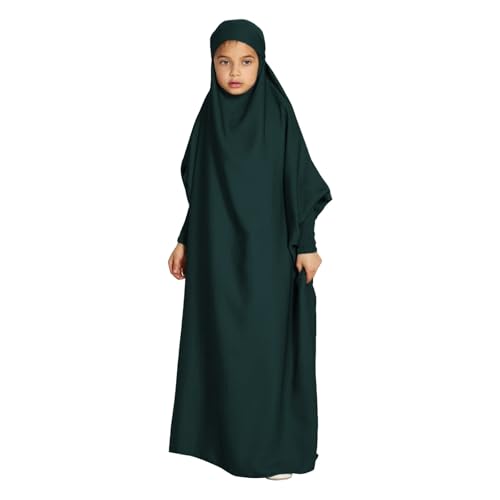 Solid Muslim Dress with Hijab for Girl Abaya Islamic Dubai Prayer Clothes Set Kids Kaftan Jilbab Dresses Burqa Outfit - color: Green, size: 6-7 Years