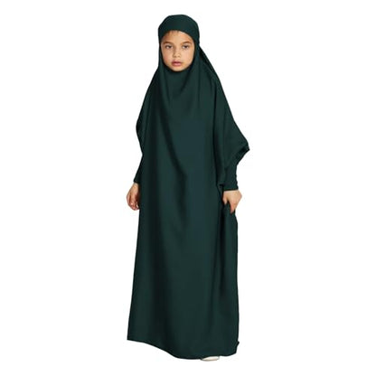 Solid Muslim Dress with Hijab for Girl Abaya Islamic Dubai Prayer Clothes Set Kids Kaftan Jilbab Dresses Burqa Outfit - color: Green, size: 10-11 Years