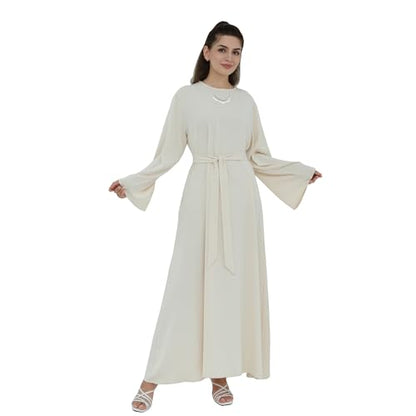 Women Abaya Dress with Belt Muslim Bell Sleeve Robe Islamic Prayer Jilbab | with Belt, A-line Skirt, Bell Sleeve - color: Apricot, size: Medium