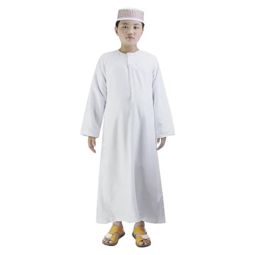 ITODA Embroidered Muslim Arabic Thobe Long Sleeve Kaftan Islamic Ramadan Prayer Robe - color: White-2