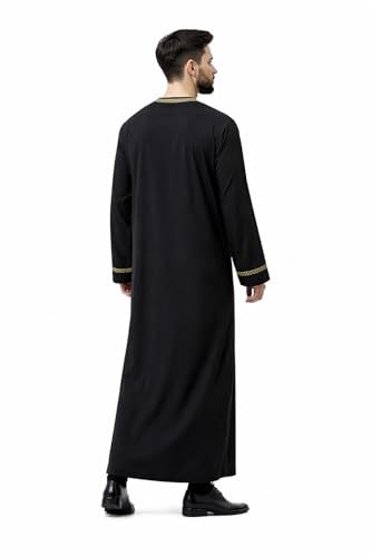 Men Muslim Robe Arab Thobe Long Sleeves Middle East Kaftan Islamic Arabic Gown Dress - color: Black, size: X-Small