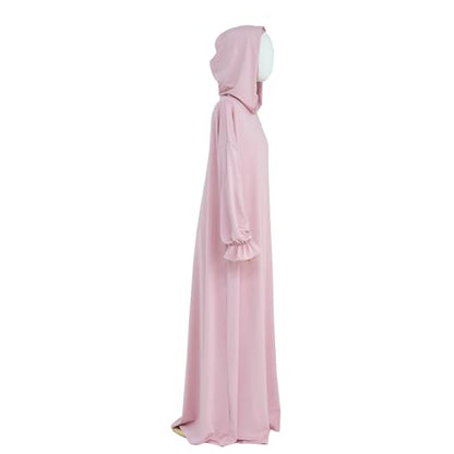Muslim Hoodie Abaya Islamic Prayer Jilbab Maxi Robe with Inner Cap | Two-layer Cap, Prayer Abaya, Large Style - color: Pink