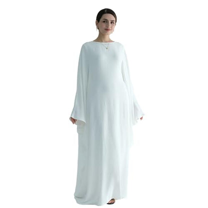 Abaya 무슬림 여성용 드레스 배트윙 슬리브 루즈핏 맥시 겸손한 이슬람 의류 히잡 스카프 포함 기도 드레스 - color: 화이트.