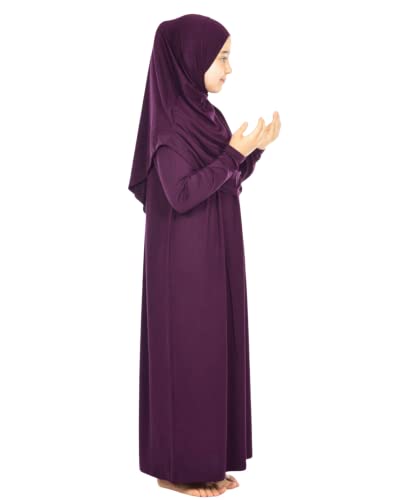 Prien Kids Prayer Dress Muslim Clothes for Girls Long Sleeve Abaya with Hijab Two Piece Maxi Islamic Set Scarf Kaftan Jilbab - color: Purple