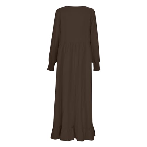 Abaya Ladies Muslim Dress Long Sleeve Maxi Islamic Kaftan Dubai Robe Modest Ramadan Eid Belted Solid Color A9 - color: Coffee, size: Medium