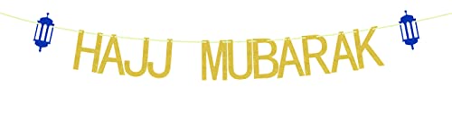 Glitter Hajj Mubarak Banner,Happy Eid Umrah Mubarak Decoration,Ramadan Kareem Banner,Muslim Islam Celebration Eid Party Decoration Supplies Blue