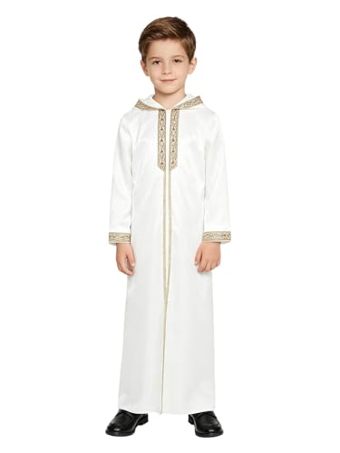 Kids Boys Thobe Muslim Prayer Clothes Saudi Dubai Robe Kaftan Zipper Dishdasha Islamic Eid Ramadan Outfits - color: White, size: 6
