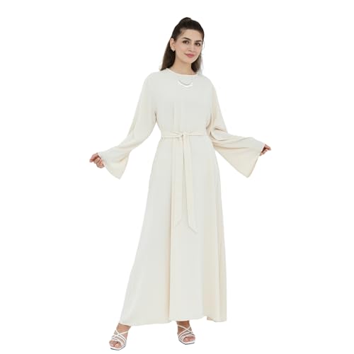 Solid Color Abaya Dress for Women Pocketed Muslim Dresses for Women Arabic Dress Eid Prayer Abaya Dresses - color: Apricot, size: Medium