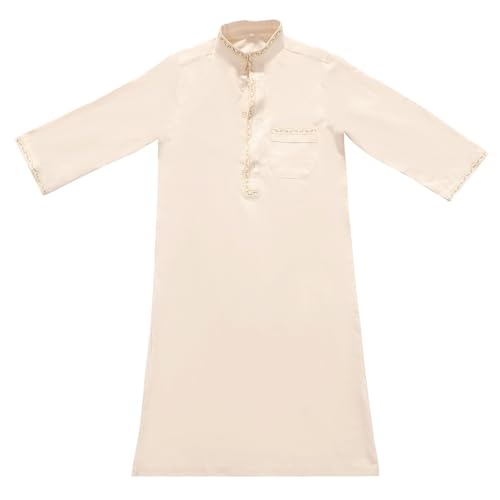 Kids Arabic Thobes for Boys Muslim Thobe Long Sleeve Kaftan Embroidered 𝐑obe Islamic Prayer Dress Ramadan Outfit - color: Beige, size: 11-12 Years