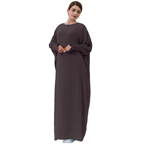 khalat Womens Muslim Prayer Dress Front Zipper Kaftan Islamic Robe Modest Solid Abayas for Women Muslim - color: Dark Coffee