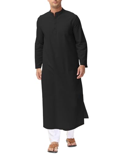 LVCBL Kaftan for Men Long Sleeve Caftan Thobe Side Split Muslim Robe Button Down Long Gown Tunic Shirts - color: Black, size: Large
