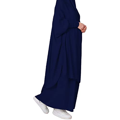 FPOVFPO Womens Muslim Solid Abaya 2 Piece Prayer Dress with Hijab Islamic Maxi Kaftan Dubai Ramadan Full Length Dress - color: Dark Blue