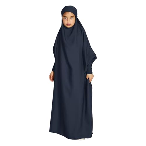 Solid Muslim Dress with Hijab for Girl Abaya Islamic Dubai Prayer Clothes Set Kids Kaftan Jilbab Dresses Burqa Outfit - color: Navy, size: 6-7 Years