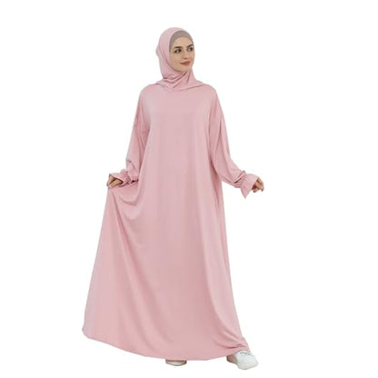 Muslim Hoodie Abaya Islamic Prayer Jilbab Maxi Robe with Inner Cap | Two-layer Cap, Prayer Abaya, Large Style - color: Pink