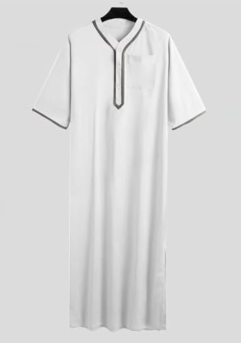 OMZIN Men's Middle East Beach Robe Summer V Neck Straight Thobe Traditional Plain Color Soft Kaftan - color: White, size: Small