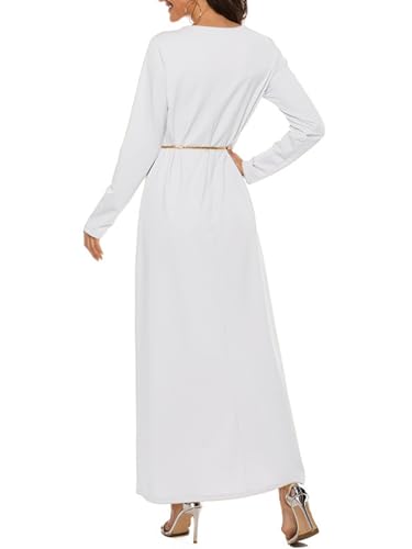 Womens Musilin Long Dress for Islamic Prayer Long Sleeve Robe Dress Full Cover Round Neck Dubai Kaftan Abayas Outfit - color: White, size: Large-X-Large