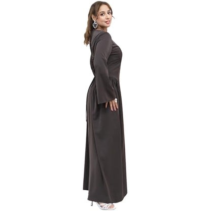 Muslim Abaya Dress for Women Smooth Back Zipper Belt Daily Prayer Eid Dress - color: Dark Coffee, size: Large