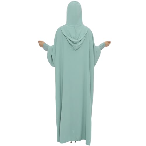 khalat Muslim Prayer Dress Abaya Solid One-Piece Hoodie Abaya Dress for Women Long Maxi Dress Islamic Dubai Jilbab - color: Light Green