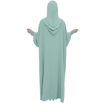 khalat Muslim Prayer Dress Abaya Solid One-Piece Hoodie Abaya Dress for Women Long Maxi Dress Islamic Dubai Jilbab - color: Light Green