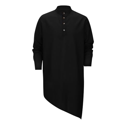 Mens Kaftan Robe Thobe Cotton Long Sleeve Henley Shirt Casual Muslim Gown Kurta Tops - color: Black, size: 3X-Large