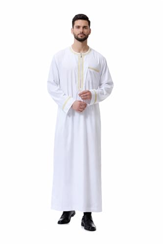 Men Muslim Robe Arab Thobe Long Sleeves Middle East Kaftan Islamic Arabic Gown Dress - color: White, size: Small