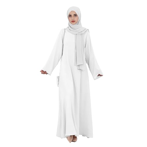 Women Abaya Muslim Dress Long Sleeve Modest Prayer Maxi Kaftan Islamic Clothes with Pockets - color: White, size: Medium