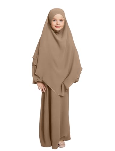 ODIZLI Kids Girls Ramadan Abaya Muslim Long Sleeve Hijab Chiffon Dress Dubai Kaftan with Pockets - color: Khaki, size: 9-10 Years