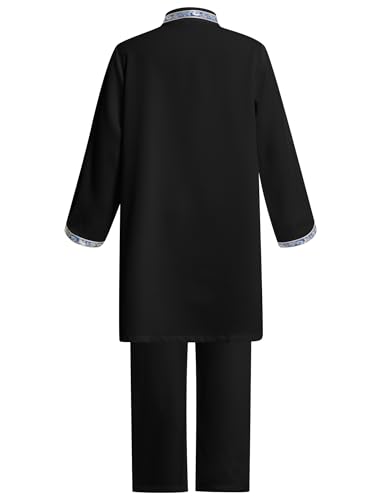 IDOPIP Muslim Baby Boys Prayer Clothes Kaftan Thobe Arabic Islamic Abaya Dubai Robe with Pants Head Scarf Ramadan Eid Outfit - color: Black + Shemagh, size: 3-4T