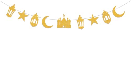 Eid Mubarak Banner, Eid Mubarak Party Hanging Decor Ramadan Mubarak Party Decorations Islamic Starr Moon Mosque Garlands Islam Star Moon Crescent Muslim Party Supplies Gold Glitter