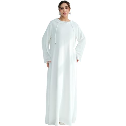 Muslim Abaya Dress for Women Lightweight Hoody Pockets Islamic Prayer Robe - color: White, size: Large