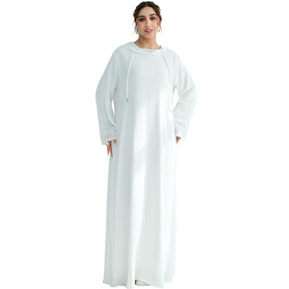 Muslim Abaya Dress for Women Lightweight Hoody Pockets Islamic Prayer Robe - color: White, size: Small