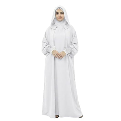 Abaya Muslim Dress Women Prayer Dress Long Sleeve Hooded Loose Maxi Dress Arabian Dubai Islamic Clothes - color: White