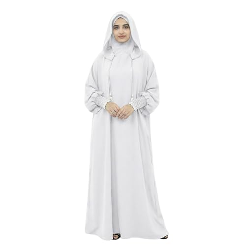Abaya Muslim Dress Women Prayer Dress Long Sleeve Hooded Loose Maxi Dress Arabian Dubai Islamic Clothes - color: White