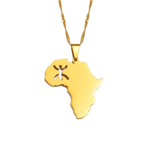 Africa Map with Berber Amazigh Symbol Pendant Necklace Stainless Steel African Berber Jewelry for Men Women - color: Gold Color, size: 45cm Thin Chain