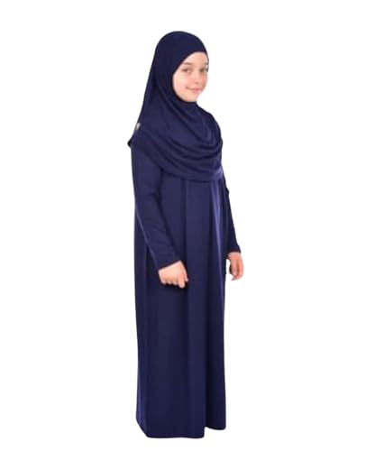 Prien Kids Prayer Dress Muslim Clothes for Girls Long Sleeve Abaya with Hijab Two Piece Maxi Islamic Set Scarf Kaftan Jilbab - color: Navy Blue